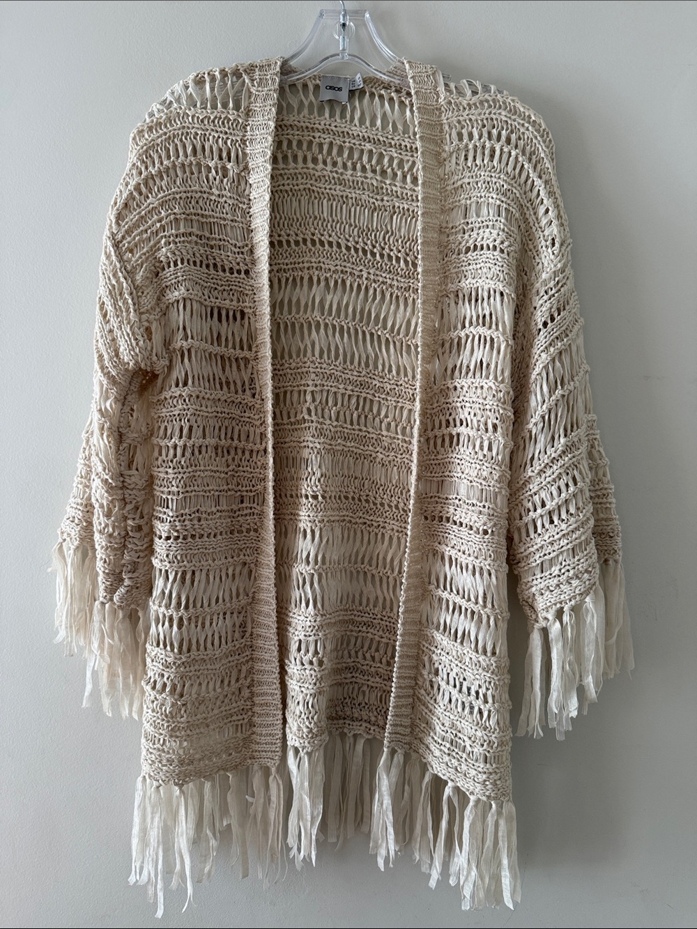 ASOS Cream Open-Knit Fringe Kimono Cardigan